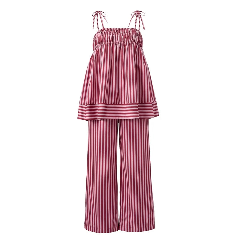 LIZAKOSHT  -  Women Summer Striped 2 Piece Outfits Casual Sleeveless Tie Strap Babydoll Tank Top Pants Sets Sleepwear Y2K Lounge Matching Suit