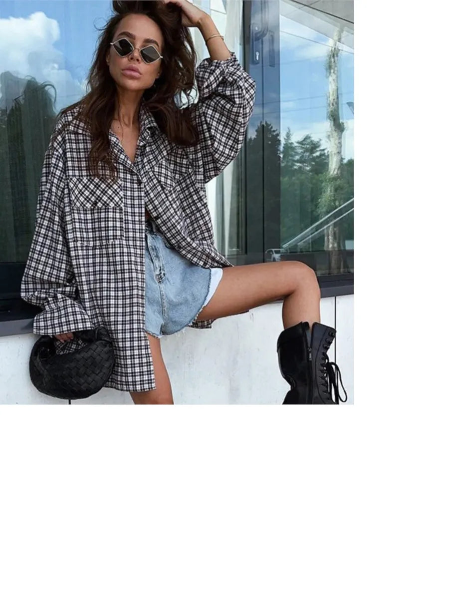 Lizakosht Classic Plaid Pocket Shirts Tops Spring Autumn Button Up Long Sleeve Turndown Collar Loose Long Blouse Vintage Casual Outerwear