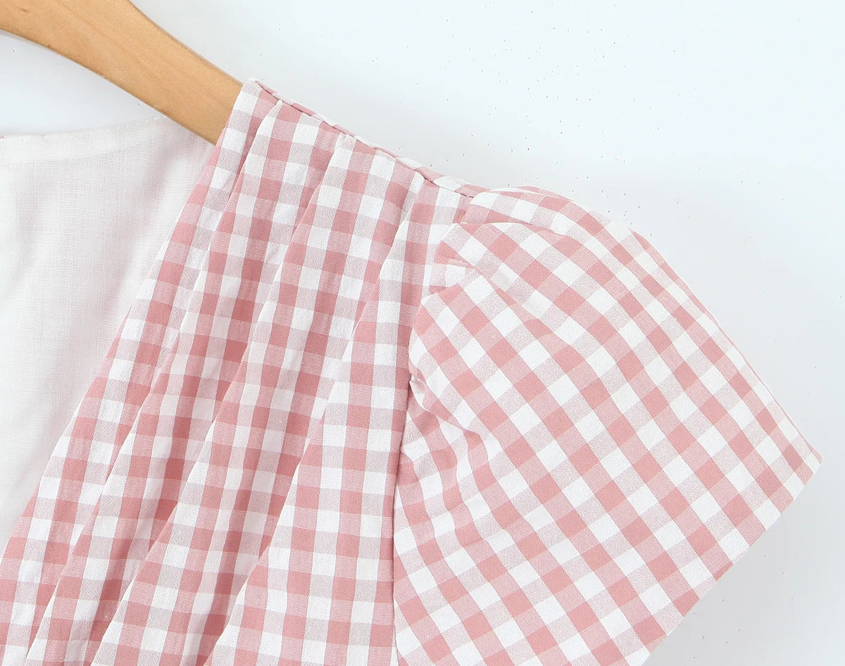 LIZAKOSHT  -  Sweet Pink Plaid Print Bow V neck Short Puff Sleeve Dress Women Low Waist Spliced Ruched Swing Ball Gown Vestidos Femme Robe