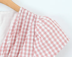 LIZAKOSHT  -  Sweet Pink Plaid Print Bow V neck Short Puff Sleeve Dress Women Low Waist Spliced Ruched Swing Ball Gown Vestidos Femme Robe