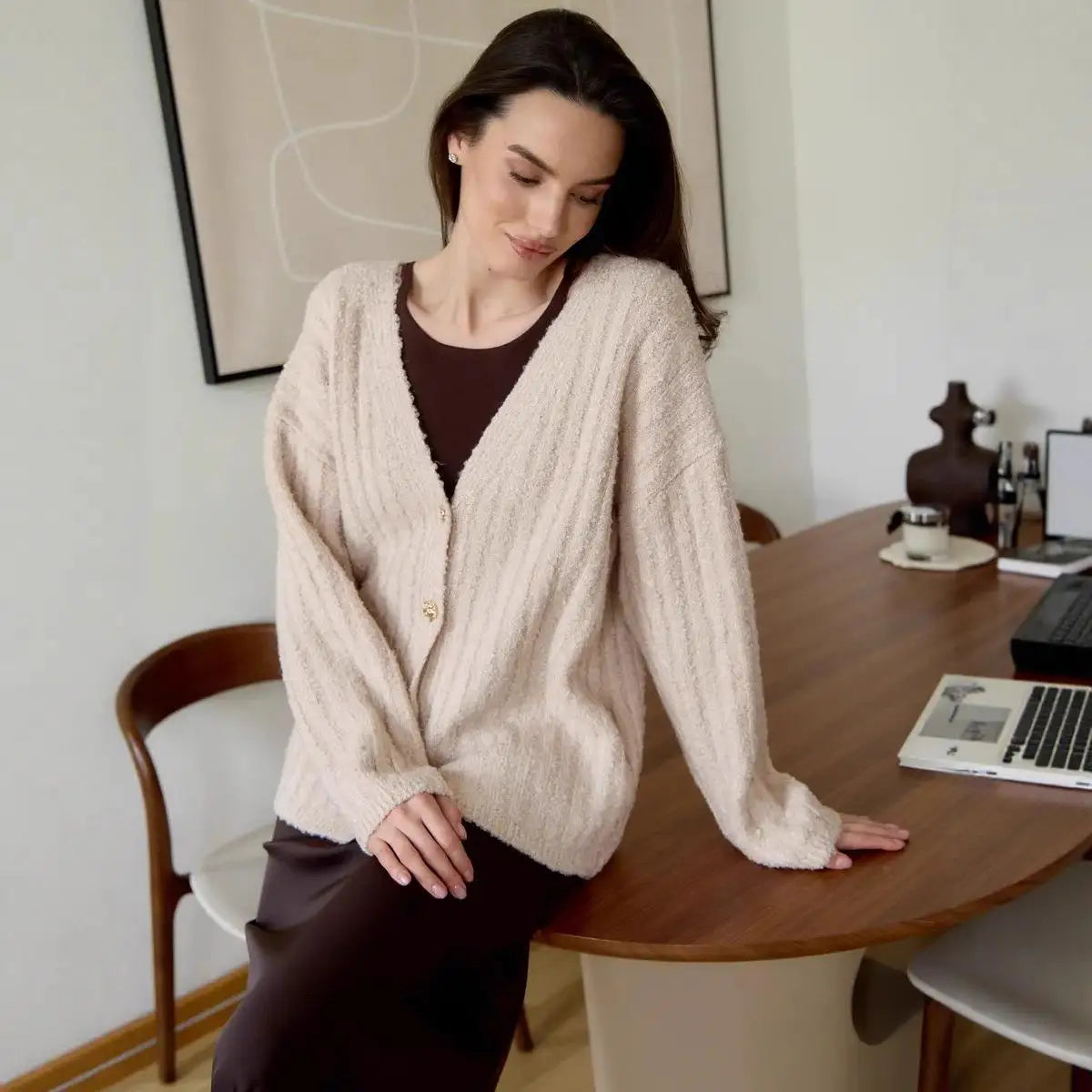 LIZAKOSHT  -  Furry Knitted Sweater Women Single Breasted Casual Solid V-neck Long Sleeve Loose Cardigans Autumn Soft Lady Tops Sweaters