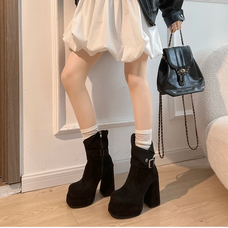 LIZAKOSHT  -  Autumn Winter Fashion High Heel Women Ankle Boots Belt Buckle Punk Shoes Ladies Short Botas Para Mujer