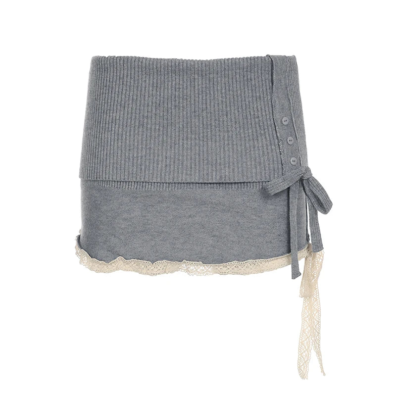 LIZAKOSHT  -  Sweetown Simple Casual Solid Lace Trim Bow Women’s Mini Short Knitted Fashion All-Match Sweet Cute Short