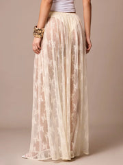 LIZAKOSHT  -  Womens Sexy Sheer Lace Skirt High Waisted Floral Embroidered See Through Ruffled A Line Long Maxi Long Beach Coverup Skirts