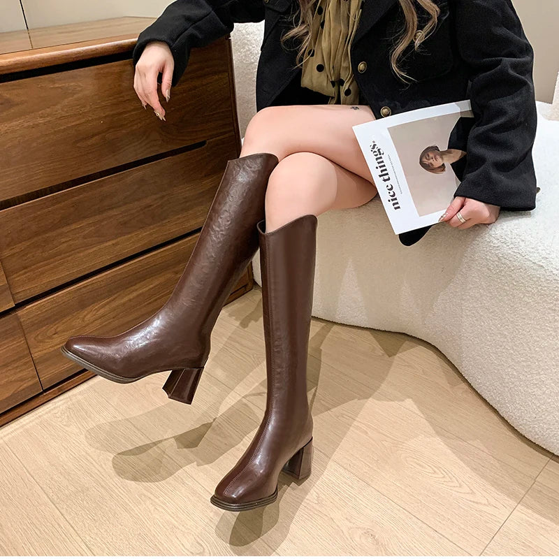 LIZAKOSHT  -  Autumn Winter Thick High Heels Women Knee High Boots Fashion Stretch Slim Modern Long Botas Para Mujer