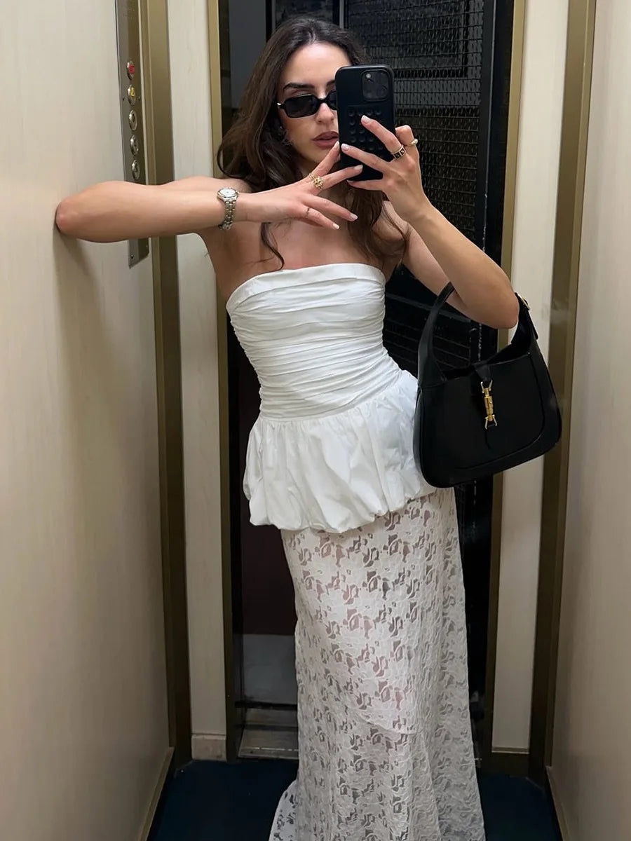 LIZAKOSHT  -  Women's Chic Streetwear White Jacquard Skirts Ankle Length Lace Midi Skirt Stylish Daily Skirt Women's Clothing