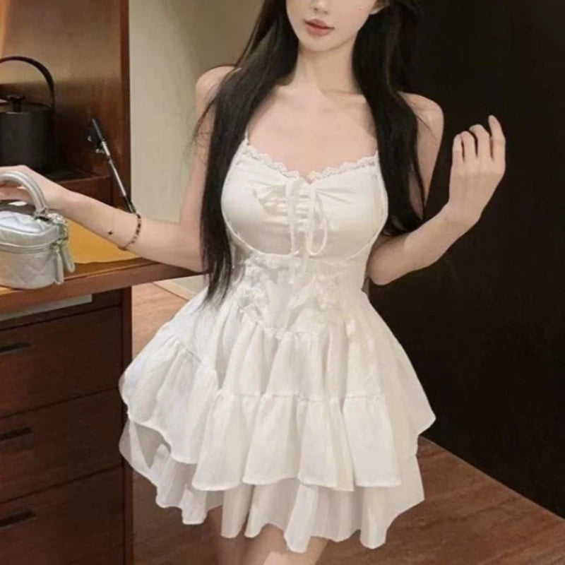 LIZAKOSHT  -  Red Lace Patchwork Design Strappy Dress Women New Summer Korean Style Fashion Evening Party Outfits Y2k Causal Dresses New