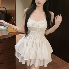 LIZAKOSHT  -  Red Lace Patchwork Design Strappy Dress Women New Summer Korean Style Fashion Evening Party Outfits Y2k Causal Dresses New