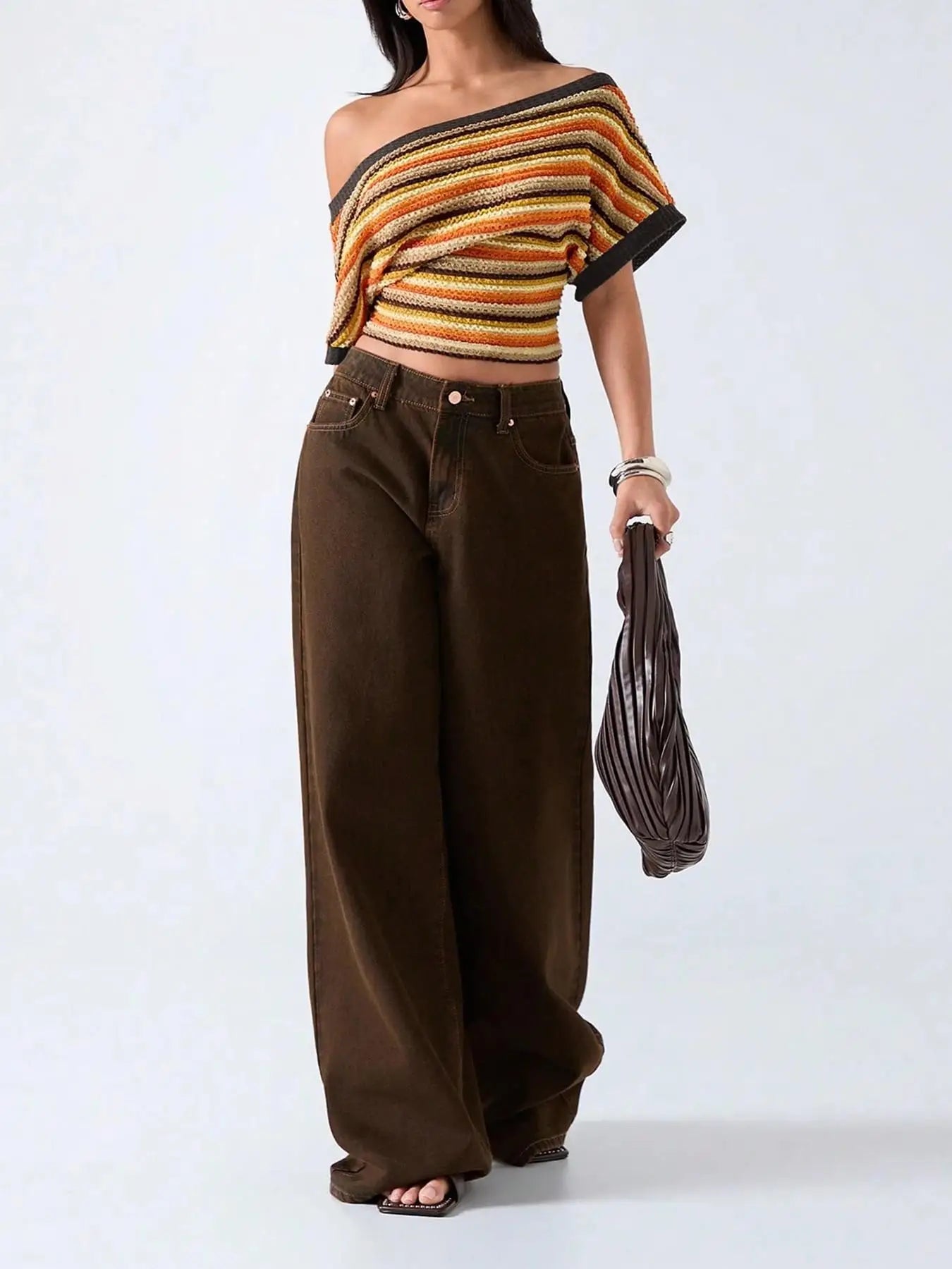 LIZAKOSHT  -  Colorful Bohemian Y2K Spicy Retro Hollow Knitted T-Shirt Asymmetrical Shoulder Line Batswing Sleeve Waist Cinched Top