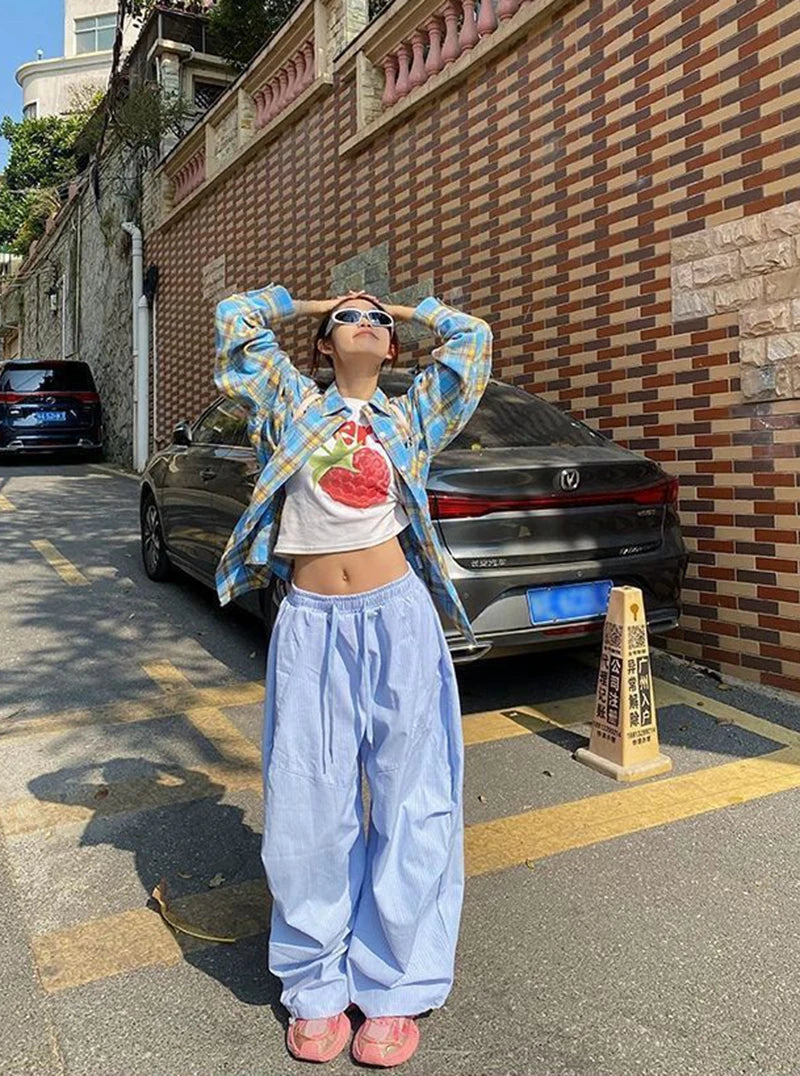 LIZAKOSHT  -  Women Striped Jazz Dance Pants Blue Loose Casual Lazy Wide Leg Pants Harajuku Y2K Summer American Streetwear Cargo Pants