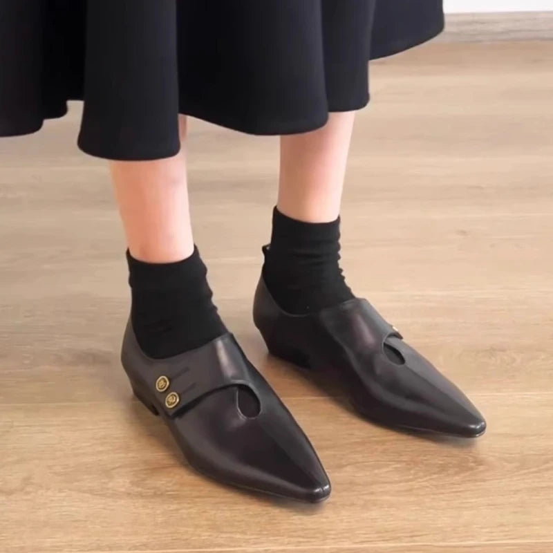 LIZAKOSHT  -  Designer Low Heel Loafers Women Retro Pointed Toe Fashion British Style Small Leather Shoes Elegant Brand Mary Jane Shoes Women