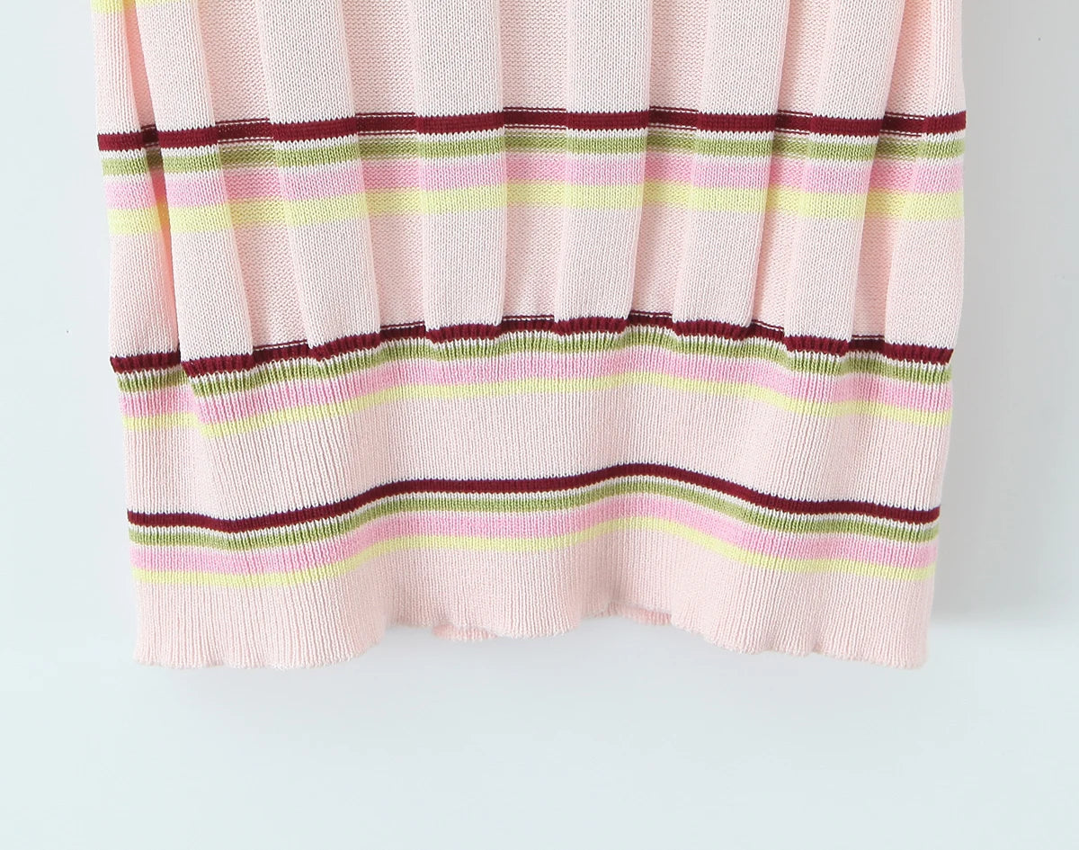 LIZAKOSHT  -  Women Pink Stripes Open Buttons Polo Collar Rib Knitted Short Sleeve Sweater Pullovers Knitwear All Match Knitting Tops Jumper