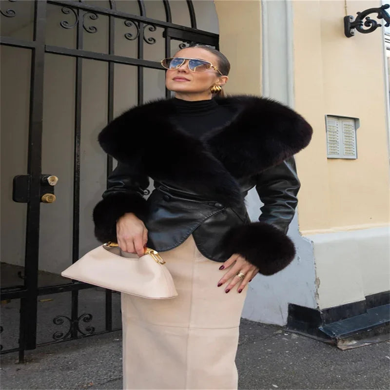 LIZAKOSHT  -  Women's Black PU Leather Jacket Large Faux Fur Collar Cuff Full Sleeve Lace Up Waist Cinching Coat 2025 Autumn Female Streetwear