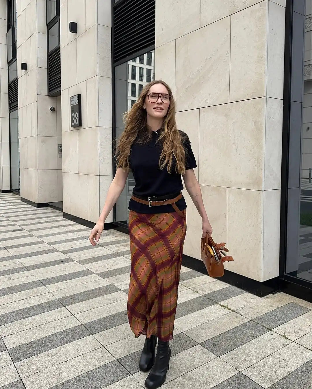 LIZAKOSHT  -  Retro Plaid Pattern Pleated Skirt Women Elegant HighWaist Patchwork Ruffle Slim Midi Skirts Lady Holiday Street Wear New