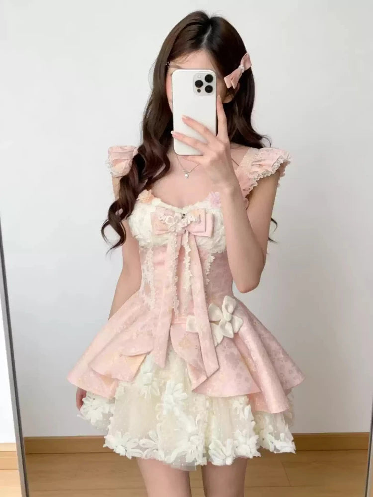 LIZAKOSHT  -  French Sweet Kawaii Lolita Dresses Women Chic Flower Design Lace Mini Pink Dress Japanese Fairy Princess Birthday Party Dresses