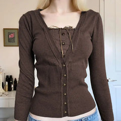 LIZAKOSHT  -  Sweater Fake Two-Piece Stitching Button Lace Design American Retro Long-Sleeved Women'S Short Slim Spice Top