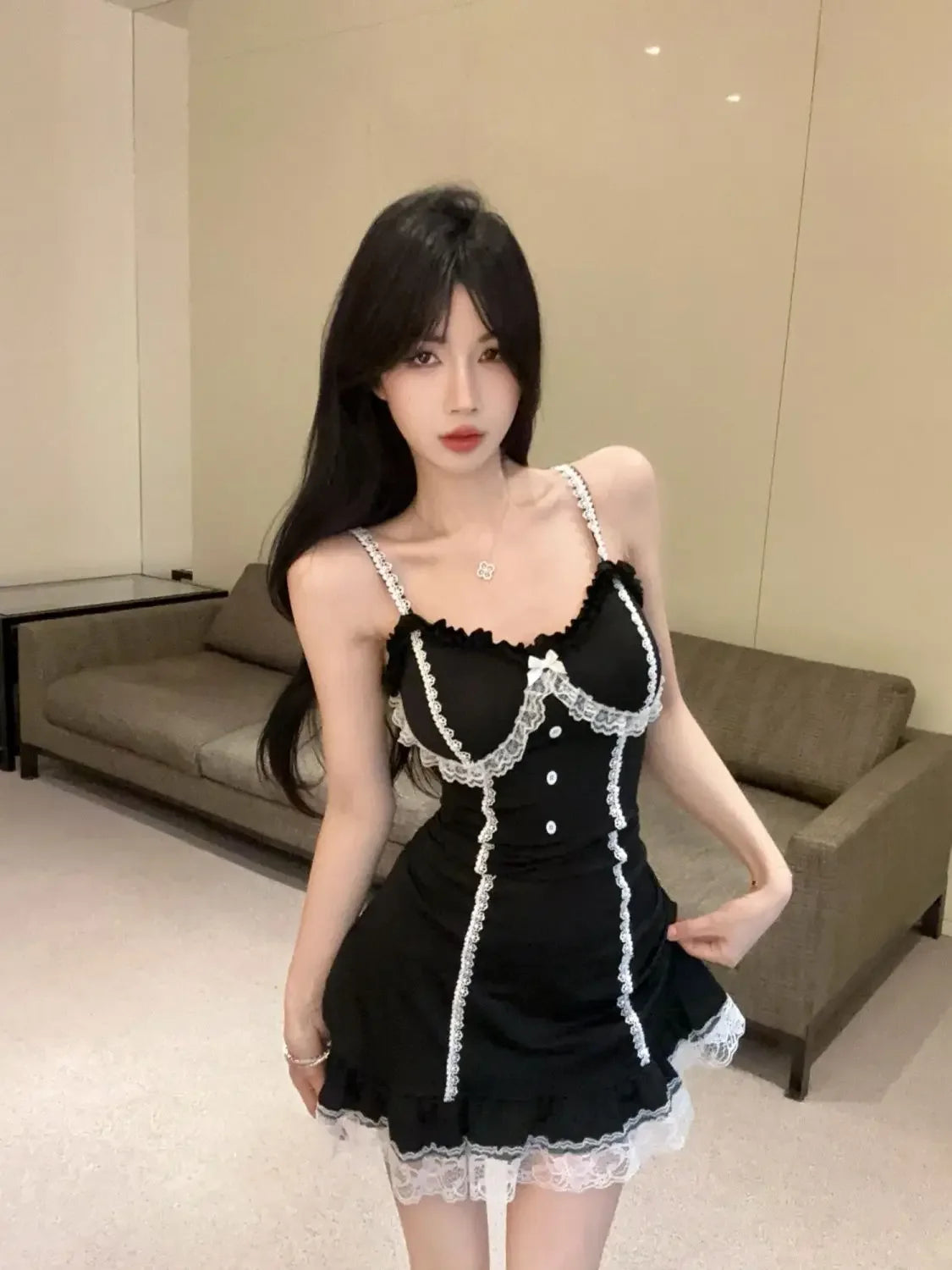 LIZAKOSHT  -  Pure and Fashionable Slim Lace Sling Suspender Female Waisted Ruffle Mesh Splicing Dress