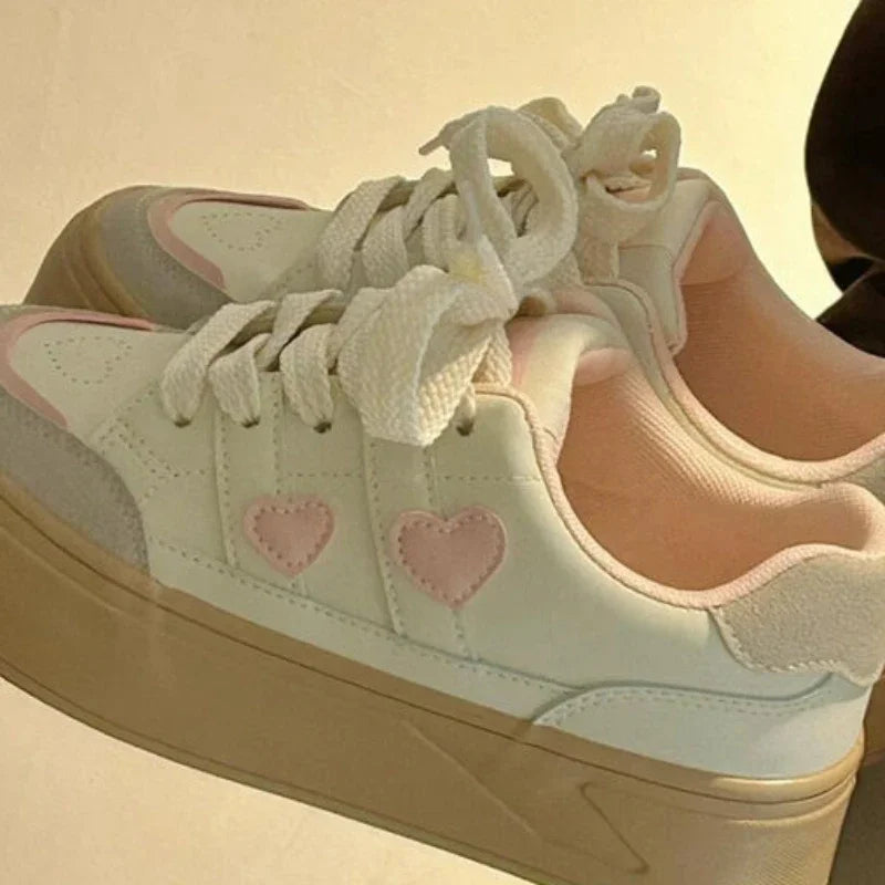LIZAKOSHT  -  Pink Heart Patchwork Sneakers Sweet Korean Style Low-top Womens Sports Shoes Versatile Casual Pu Leather Female Shoes
