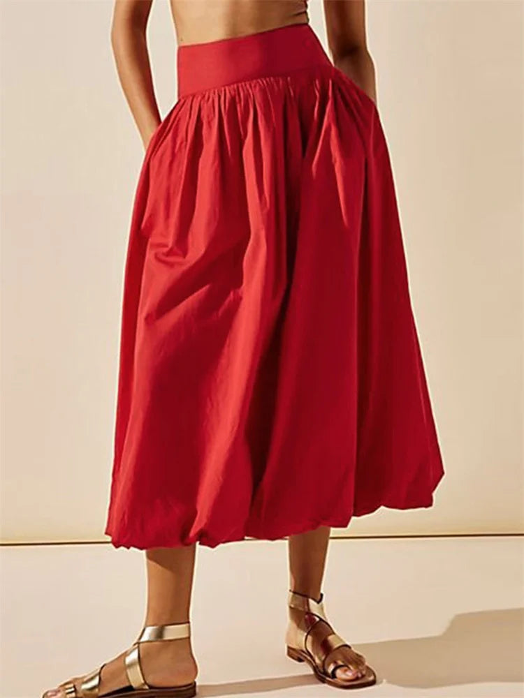 LIZAKOSHT  -  Women Long Maxi Skirts Casual Loose Fit Elastic Waist Solid Color Ruched Pleated Skirts for Summer Spring Streetwear