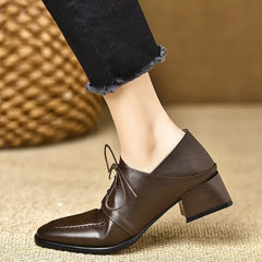 LIZAKOSHT  -  Women's Shoes New Spring/Autumn Retro Square Toe Deep Mouth Soft Leather Thick Heel Lace-up High Heels Ladys Single Shoes