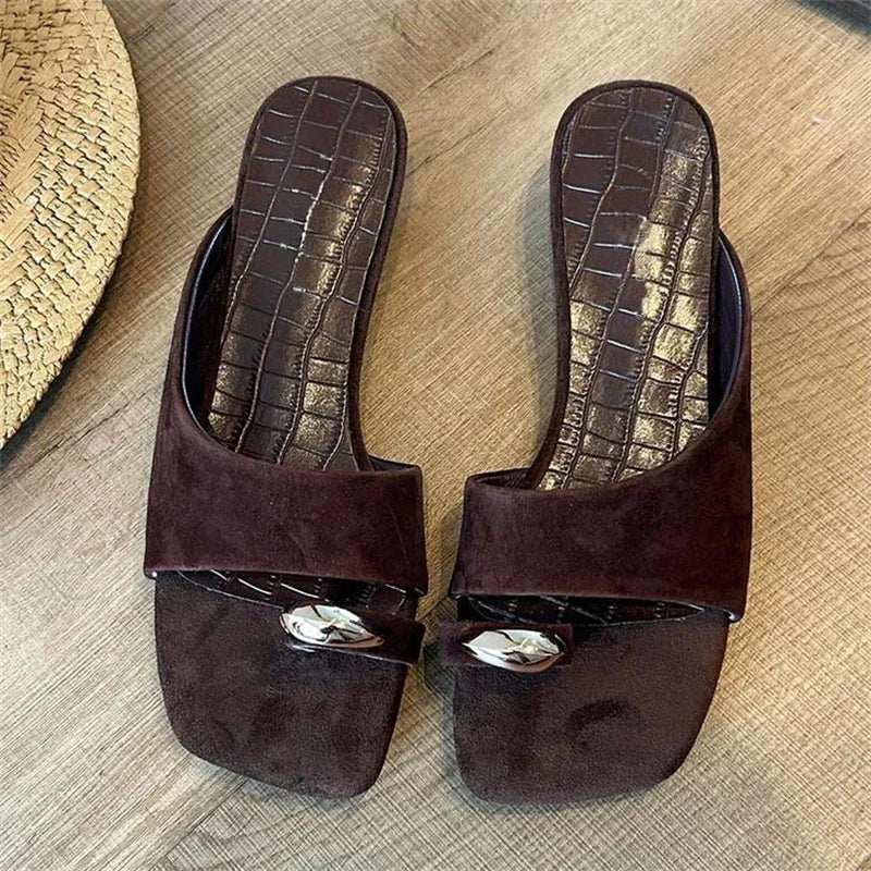 LIZAKOSHT  -  Vintage Clip Toe Brown Suede Metal Toe Flat Sandals Women Square Open Toe Slide Slippers Casual Summer Flip Flops