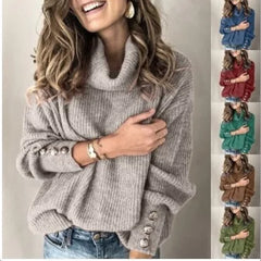 LIZAKOSHT  -  Solid Color Fashion Autumn Winter Women's New Button Hoodie High Collar Knitted Shirt Casual Comfortable Long Sleeve Top