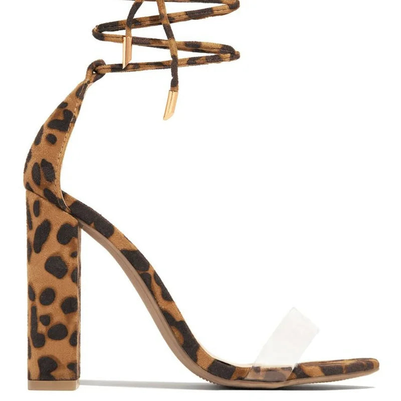 LIZAKOSHT  -  Large Size Women Sandals Summer New One-word Buckle Leopard Print Chunky High Heel Sandals for Women 35-43