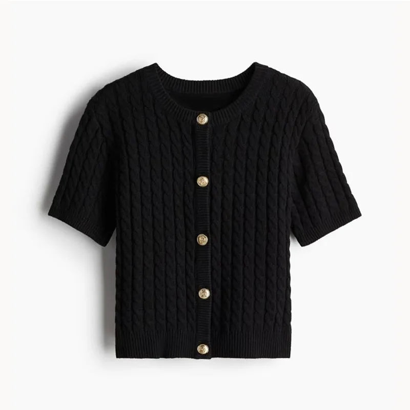 LIZAKOSHT  -  Elegant Knitted Single Breasted Cardigan Women Casual O-neck Short Sleeve Sweater Sweater 2025 Spring All-match Lady Knitwear