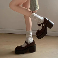 LIZAKOSHT  -  Bla Mary Jane Single oes for Women Thi Heel round Head Retro Japanese Sle Versatile Leather oes Roman Sle mid Heel