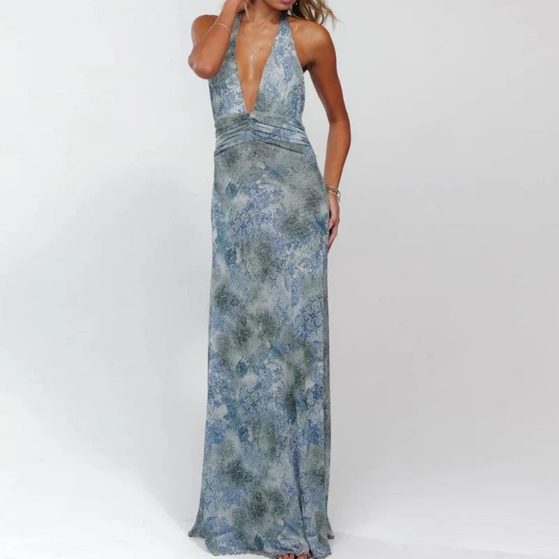 LIZAKOSHT  -  Halter Maxi Dresses Women Floral Backless Beach Vacation Long Dresses Bodycon Y2k Summer Boho Sexy Sundresses