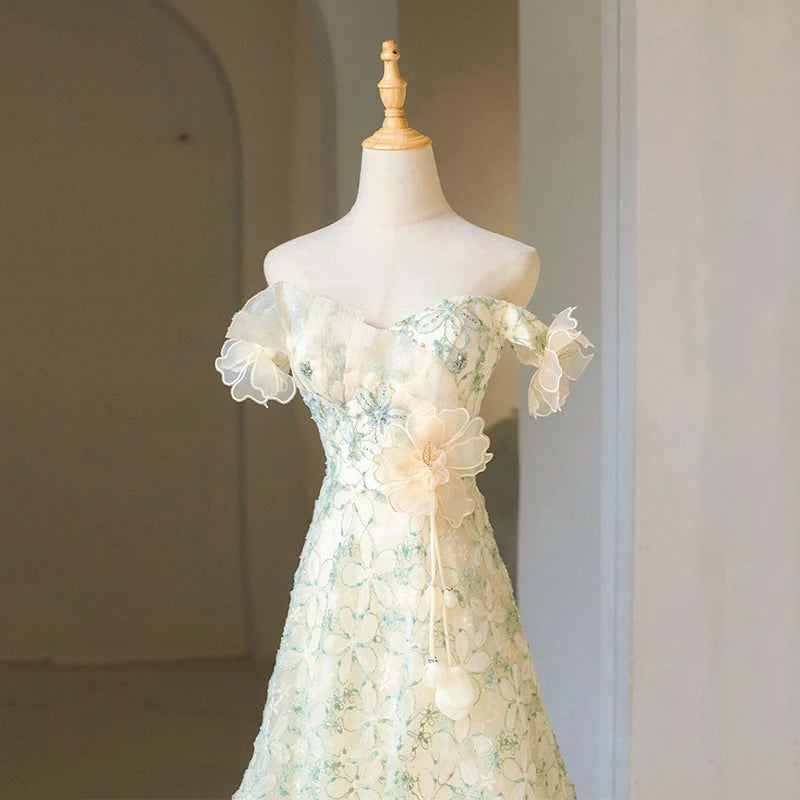 LIZAKOSHT -  Elegant A-line Beige Floral Wedding Dress Off Shoulder Sleeveless Lace Up Midi Prom Gown for Women Vestidos De Noche#18313