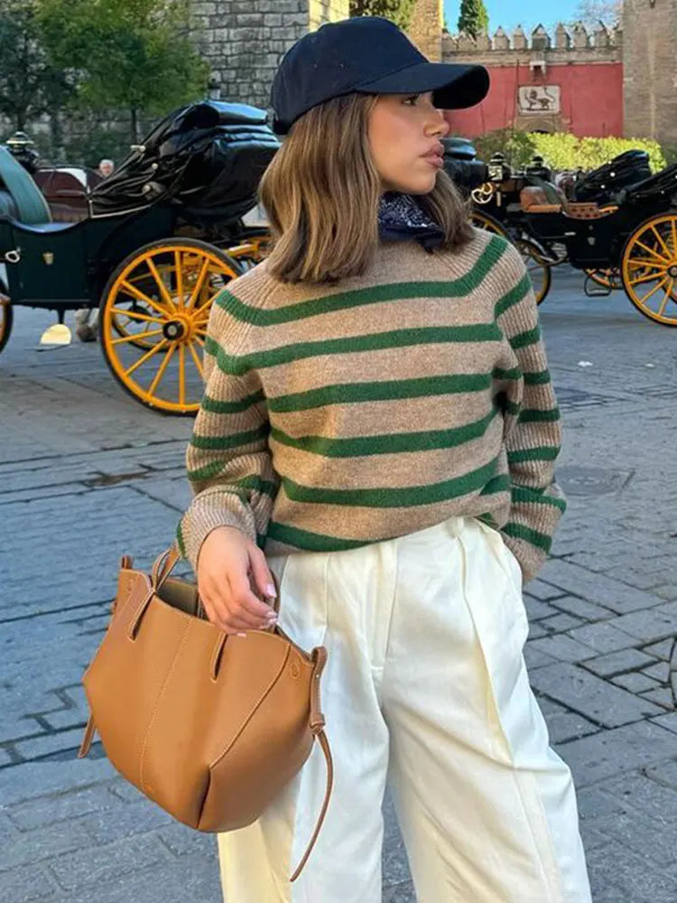 Lizakosht Green Stripe Knitted O-neck Casual Jumper For Women Long Sleeve Ribbed Cuff Loose Elegant Sweater Fall Winter Chic Lady Pullover