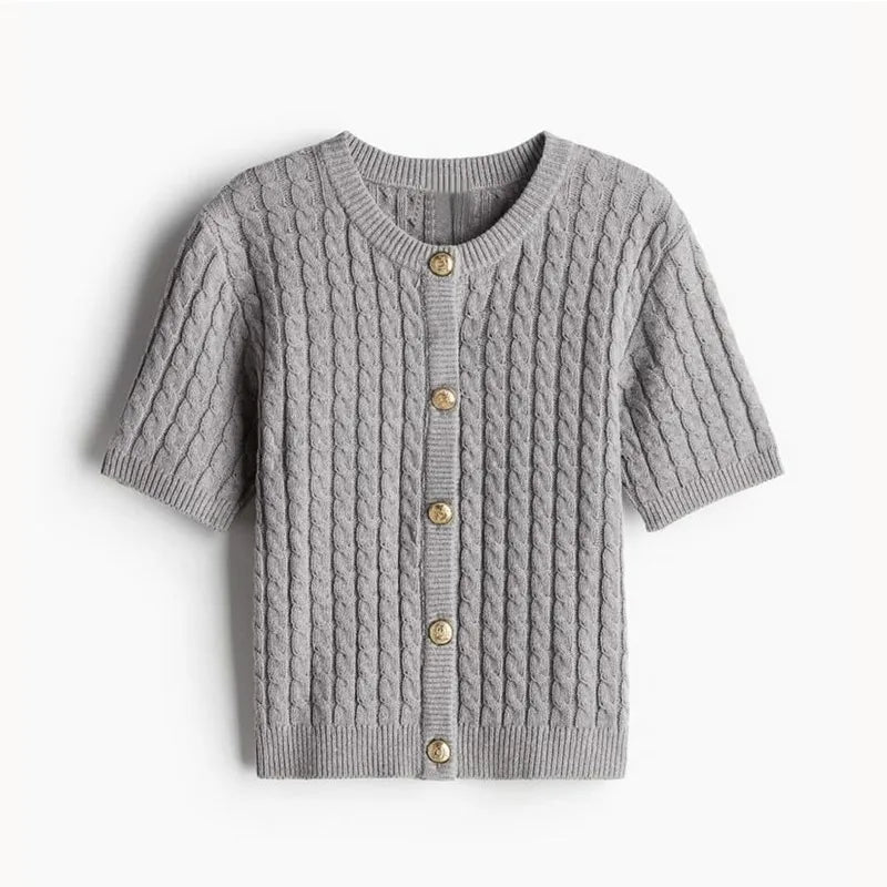 LIZAKOSHT  -  Elegant Knitted Single Breasted Cardigan Women Casual O-neck Short Sleeve Sweater Sweater 2025 Spring All-match Lady Knitwear