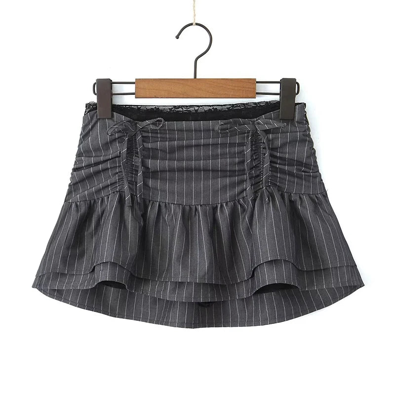 LIZAKOSHT  -  Y2K Cool Girls Drawstring Striped Mini Skirts Women Sexy Low Waist Lace Trim Summer Skirts