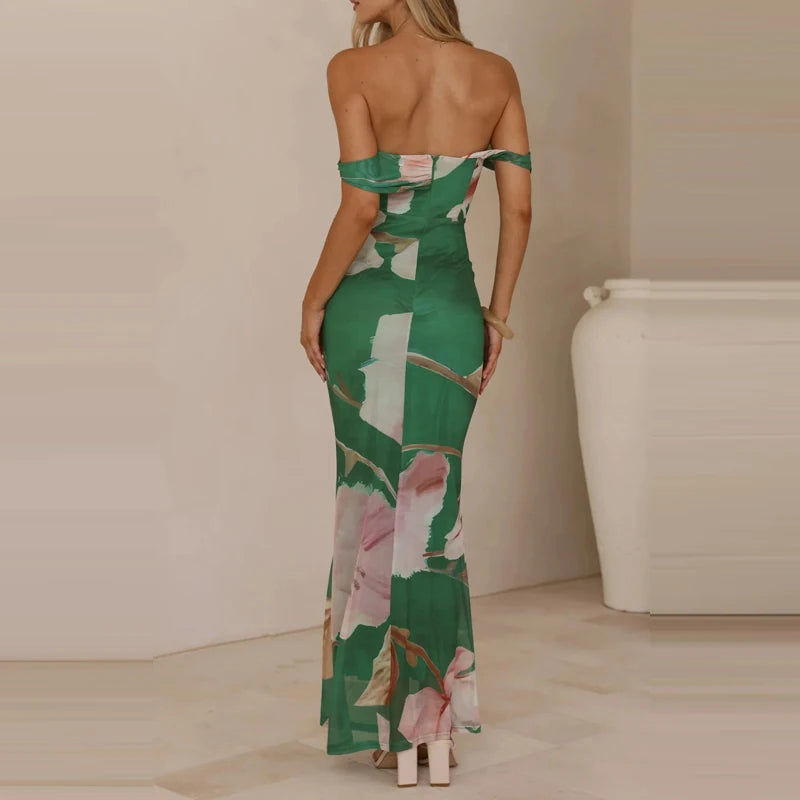 LIZAKOSHT  -  Pattern printed women's temperament slim fit dress casual vacation elegant off shoulder fashion party long dress