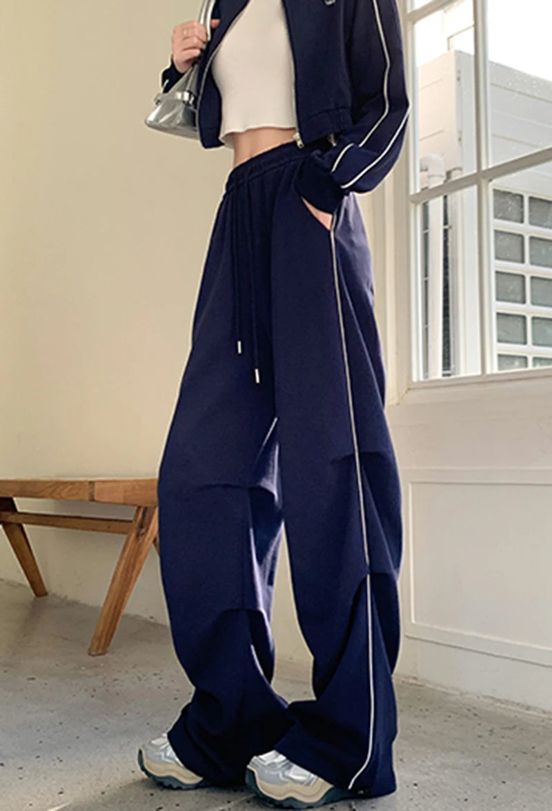 LIZAKOSHT  -  American Sweatpants Women  Fall Chic Fashion Casual Wide-Leg Pants Straight Parachute Loose Side Striped Soild Cargo Trousers