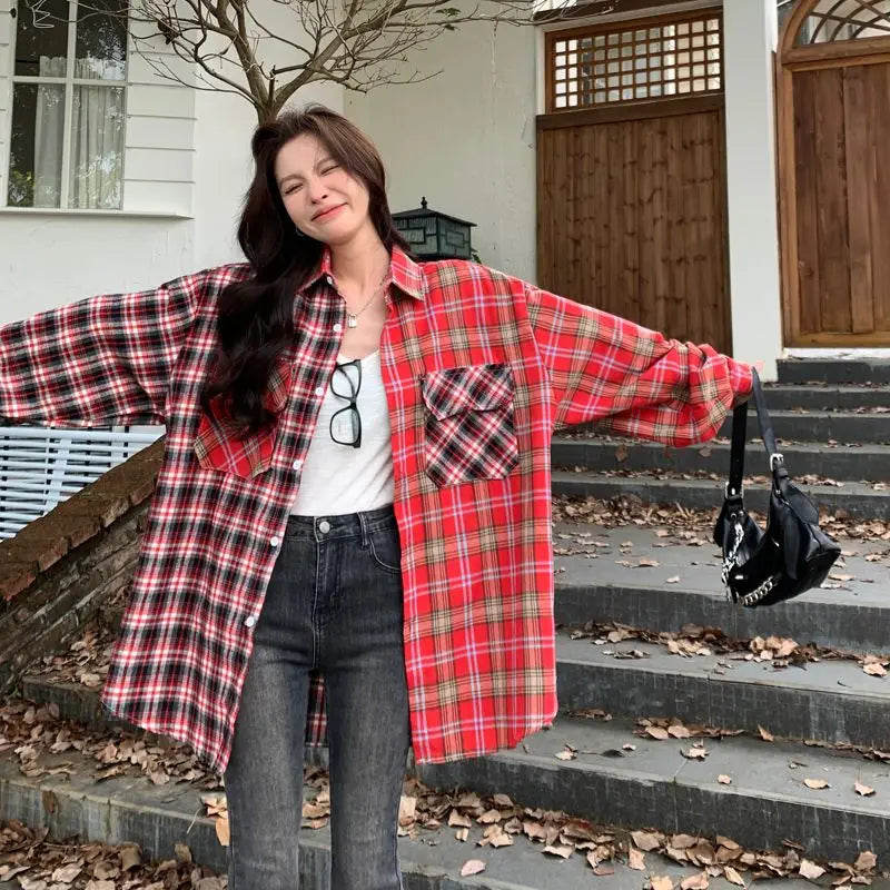 LIZAKOSHT  -  Vintage Plaid Patchwork Shirt Spring Autumn Women's New High Street Versatile Cardigan Fashion Loose Y2K Top