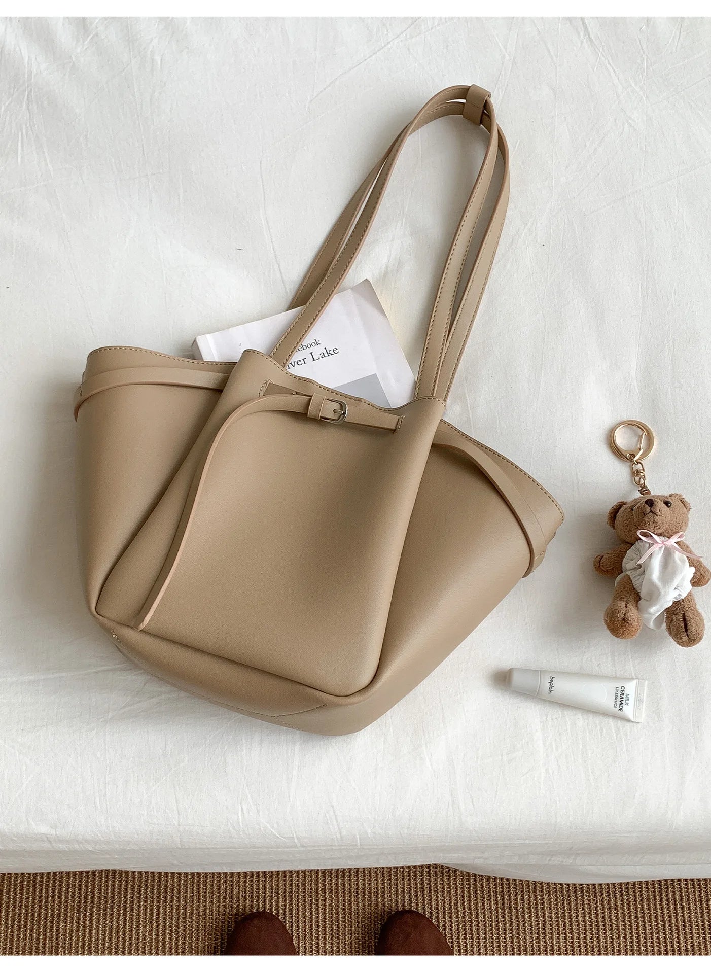 LIZAKOSHT  -  Soft PU Large Capacity Tote Bag Women Fashion Korean Style Commuter Shoulder Bag Solid Color Retro Minimalist Handbag