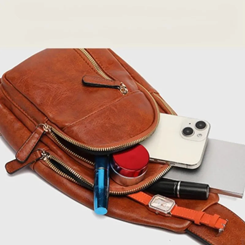 LIZAKOSHT  -  Vintage Brown Women Chest Bag Lightweight PU Leather Large Capacity Sling Bag Ladies Fashion Geometric Strap Purse