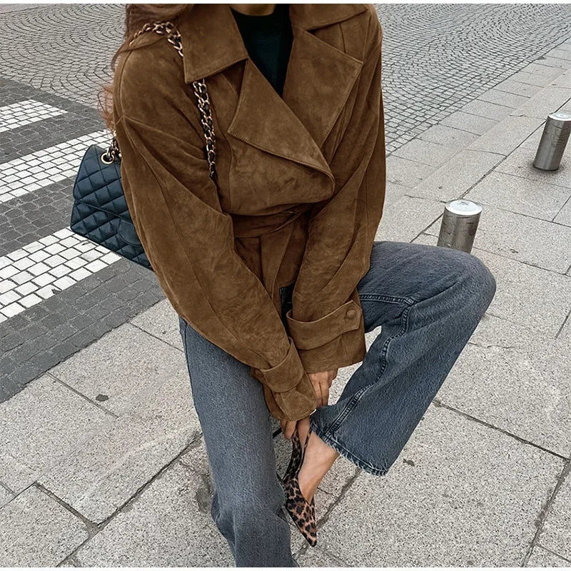 LIZAKOSHT  -  Retro Brown Lace Up Shorts Suede Jacket Elegant Female Lapel Long Sleeves Slim Coats Autumn Chic Lady High Street Outwear