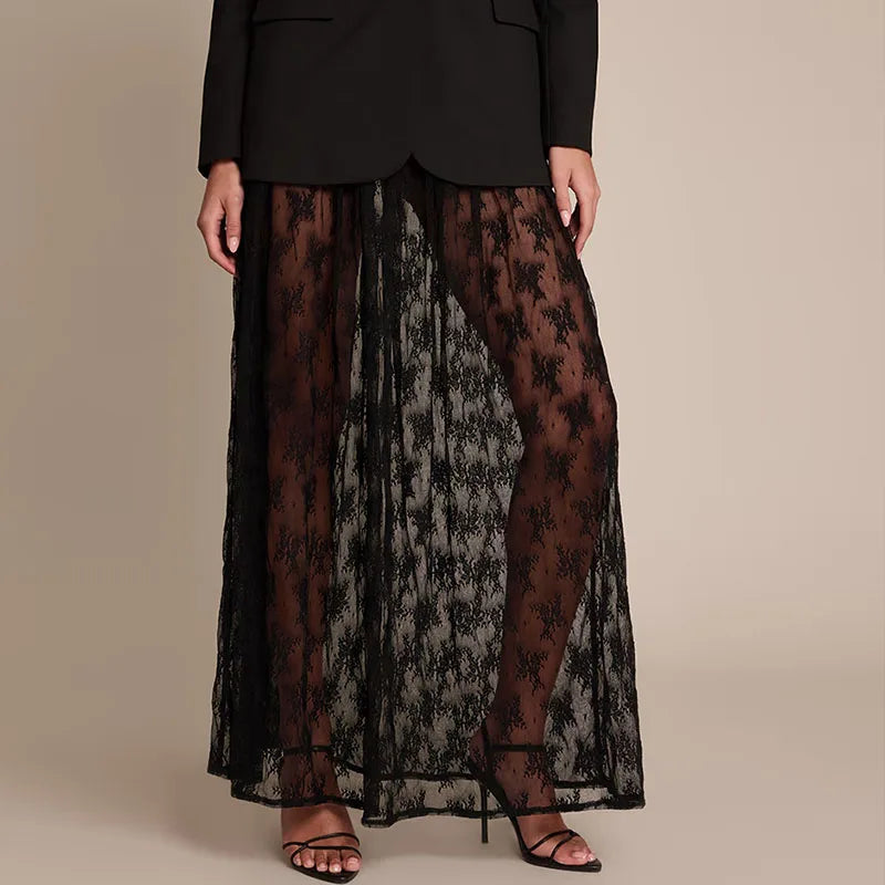 LIZAKOSHT  -  Coquette Grunge Sheer Lace Maxi Skirt Built-in Thongs Design Low Elastic Waist Flowy Skirt Elegant Lady Grunge See-Through Skirt