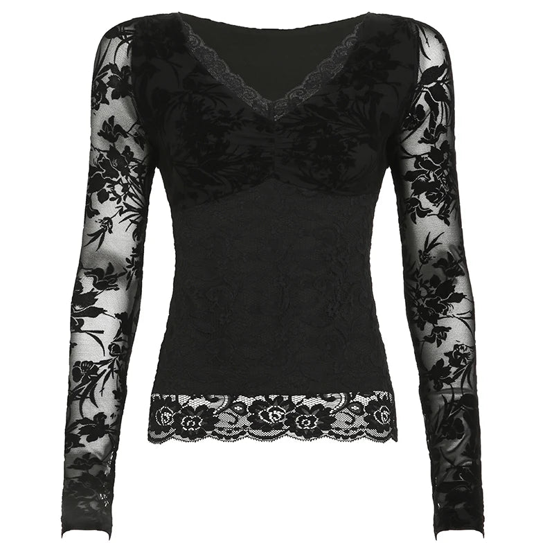 LIZAKOSHT  -  Sweetown Black Lace V-Neck Slim Fit Long Sleeve Women Blouses Sexy Hottie All-Match Chic Fashion Trendy Clothing