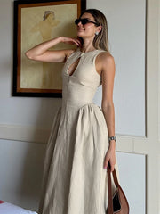 LIZAKOSHT  -  Elegant Solid Hollow Out Women Midi Dress Fashion Slim O-neck Sleeveless A-line Dresses 2024 Summer Office Lady Commuting Robes
