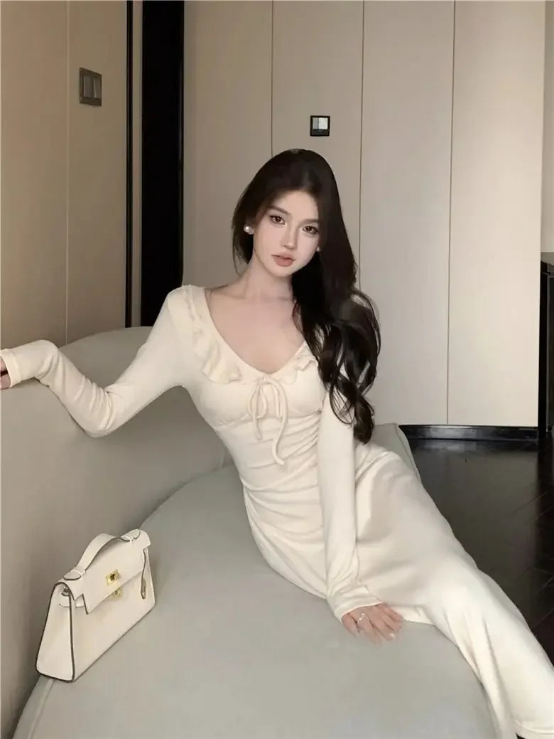 LIZAKOSHT  -  V-neck Lotus Leaf Dress Women's Strappy Waist Long-sleeved Gentle Style A-line Long Skirt