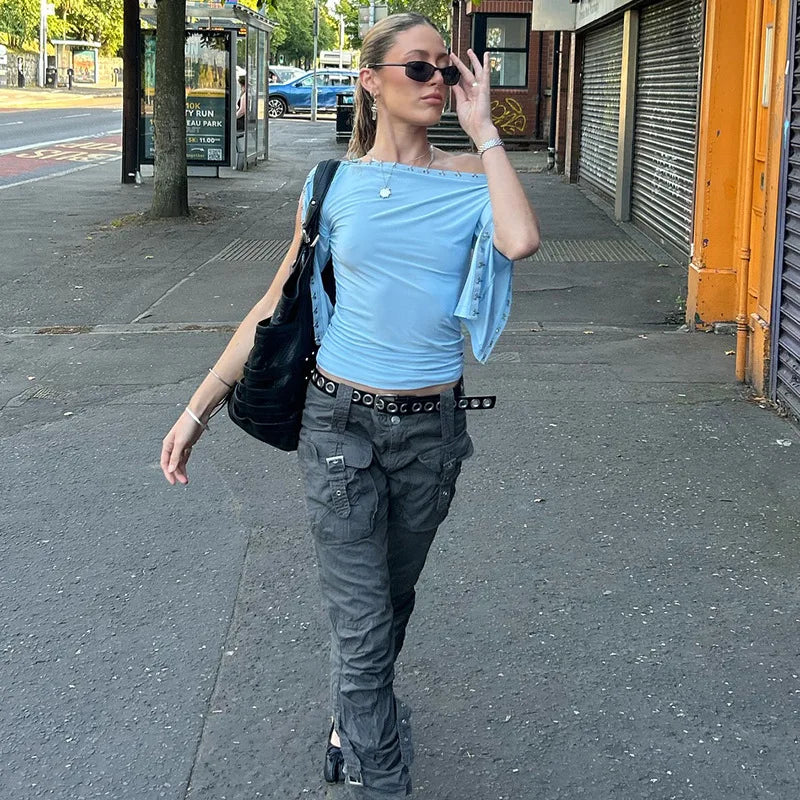LIZAKOSHT  -  Women's Chic Diagonal Collar T-shirts Sexy Off Shoulder Half Sleeve Asymmetrical Crop Tops Ladies Blue T Shirt Streetwear