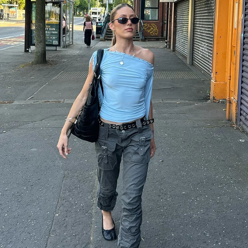 LIZAKOSHT  -  Women's Chic Diagonal Collar T-shirts Sexy Off Shoulder Half Sleeve Asymmetrical Crop Tops Ladies Blue T Shirt Streetwear