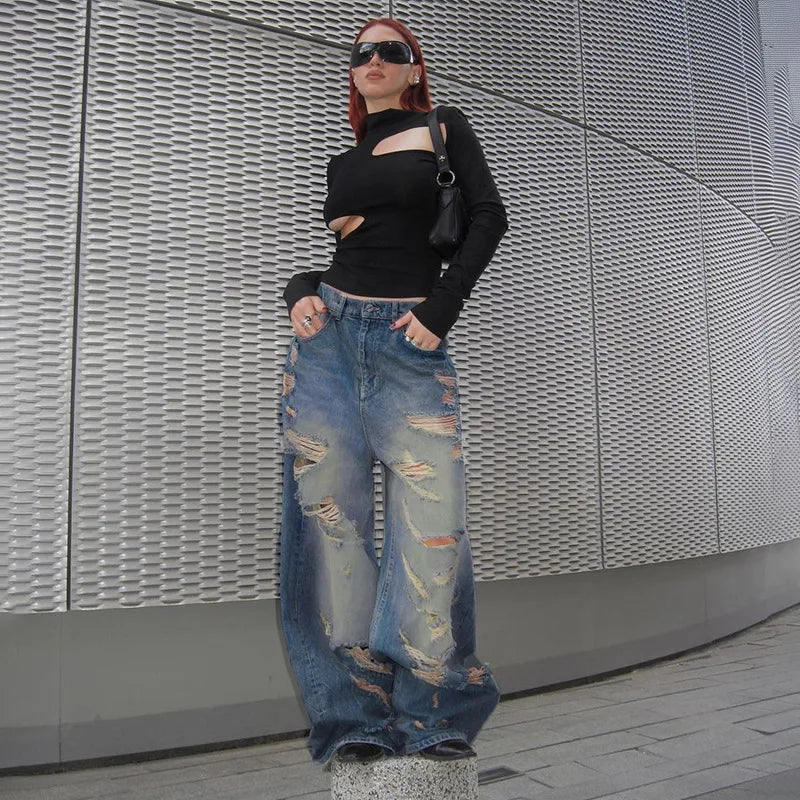 LIZAKOSHT  -  High Street Hip-hop Ripped Jeans Spicy Girl Y2K Loose Casual Pants Spring/summer Women's Fashionable Wide Leg Pants