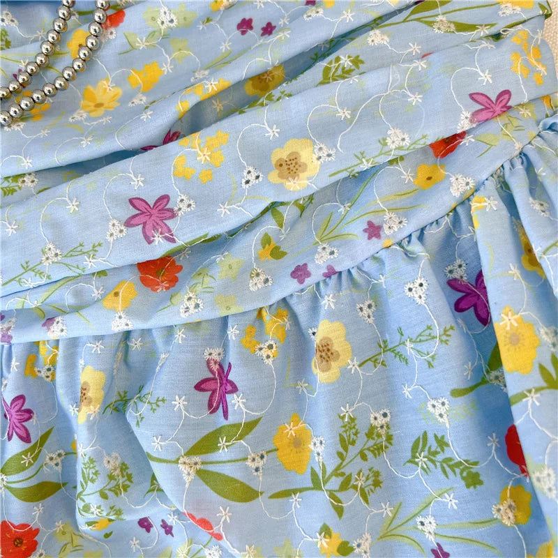 LIZAKOSHT  -  Strapless Strapless Strapless Pure Desire Blue Floral Puffy Camisole Women's Summer Design High-end Niche Outfit Tube Top