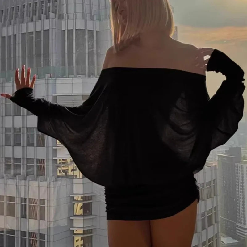 LIZAKOSHT  -  Bat Sleeve Mini Dress Women's Loose Comfortable Long Sleeve Hip Wrapping Skirt Elegant Sexy For Summer Self-cultivation Dress