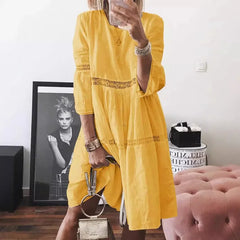 LIZAKOSHT  -  Summer Lace Splicing Hollow Embroidery Dresses Short Sleeve Loose Casual White Dress Women's Clothing Design Chic Dress New
